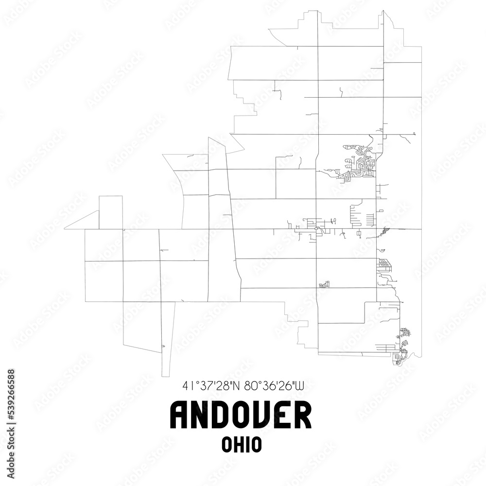 Andover Ohio. US street map with black and white lines.