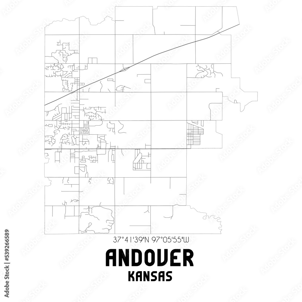 Andover Kansas. US street map with black and white lines.