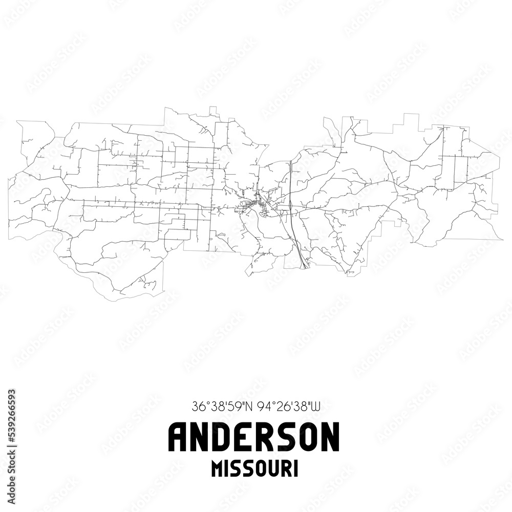 Anderson Missouri. US street map with black and white lines.