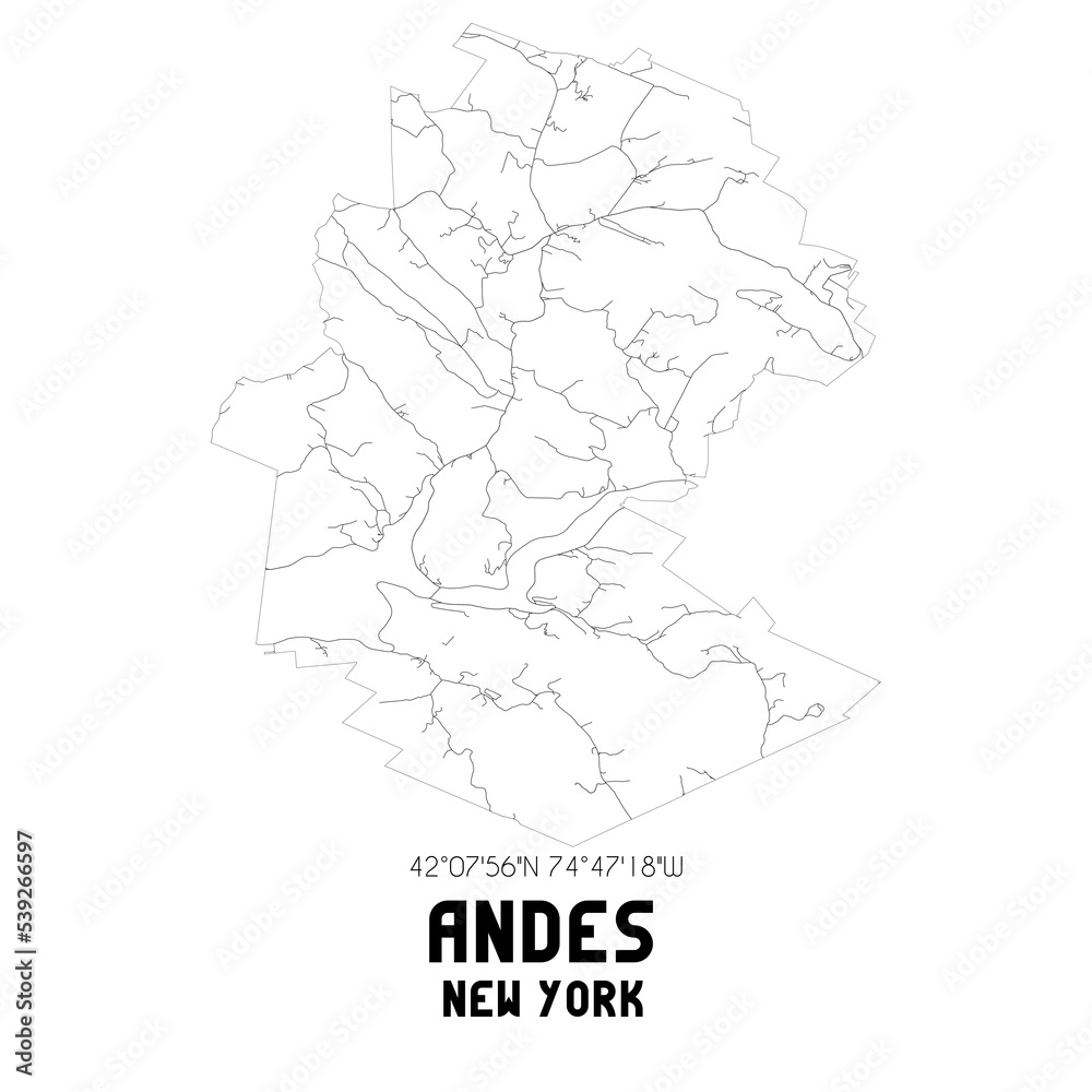 Andes New York. US street map with black and white lines.