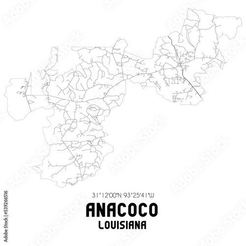 Anacoco Louisiana. US street map with black and white lines.