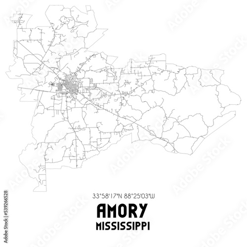 Amory Mississippi. US street map with black and white lines.