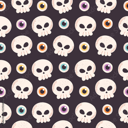 Vector seamless pattern for Halloween. Skulls and eyes. Flat, hand drawn texture for wallpaper, textile, fabric, paper. Hand drawn vector illustration