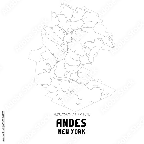 Andes New York. US street map with black and white lines.