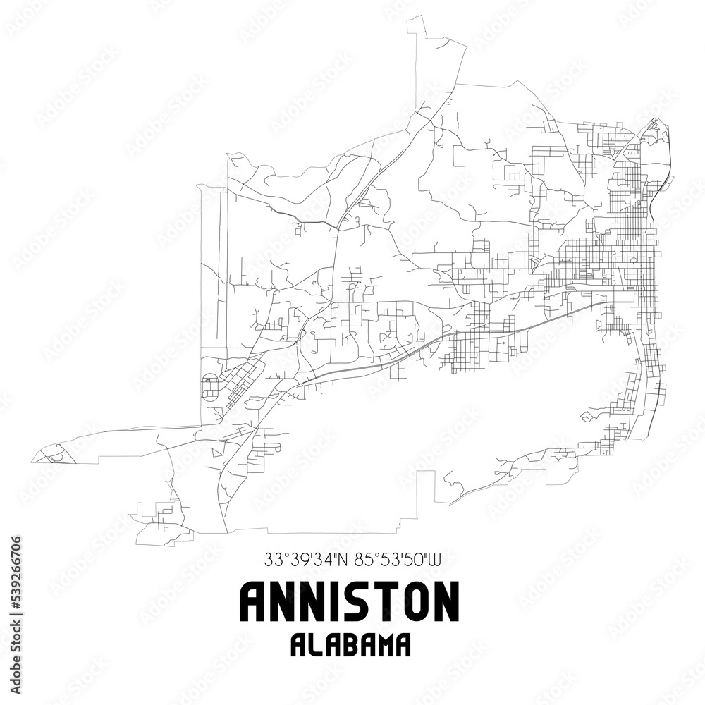 Anniston Alabama. US street map with black and white lines.