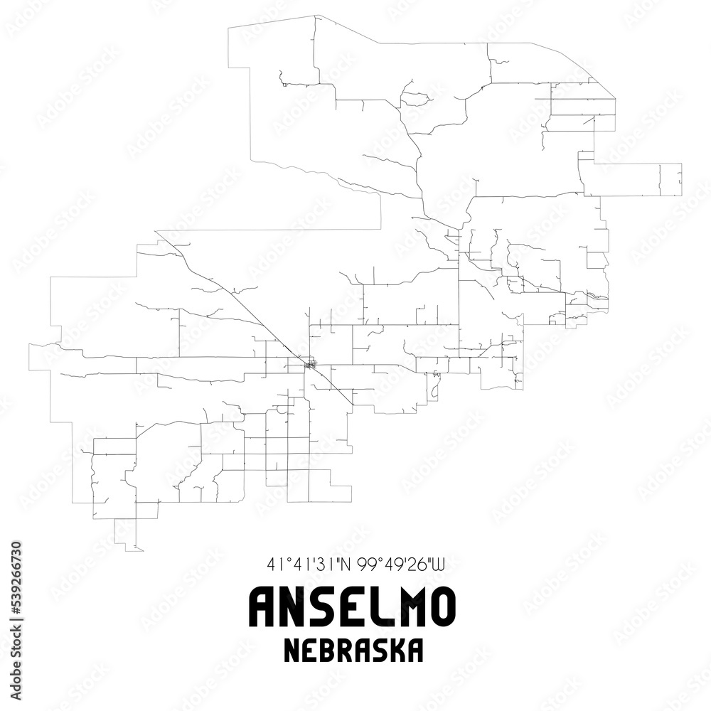 Anselmo Nebraska. US street map with black and white lines.