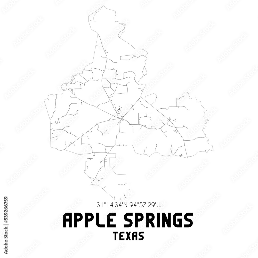 Apple Springs Texas. US street map with black and white lines.