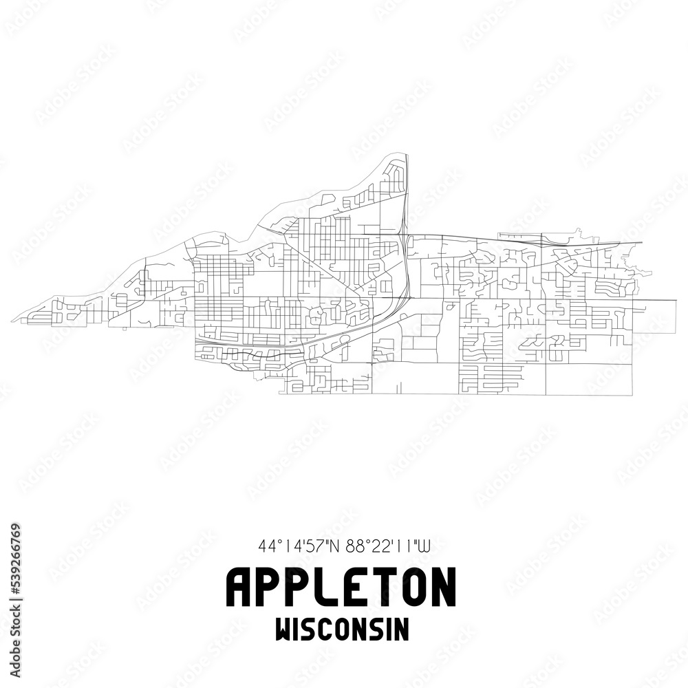 Appleton Wisconsin. US street map with black and white lines.