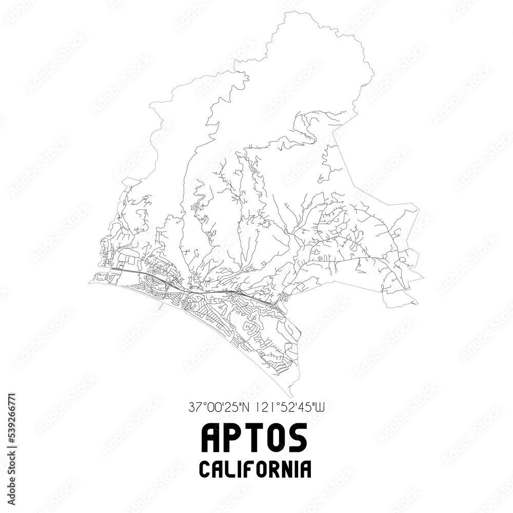 Aptos California. US street map with black and white lines.