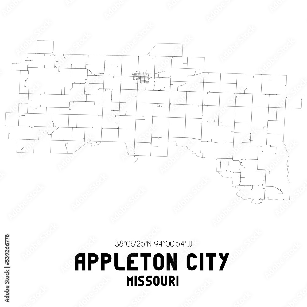 Appleton City Missouri. US street map with black and white lines.