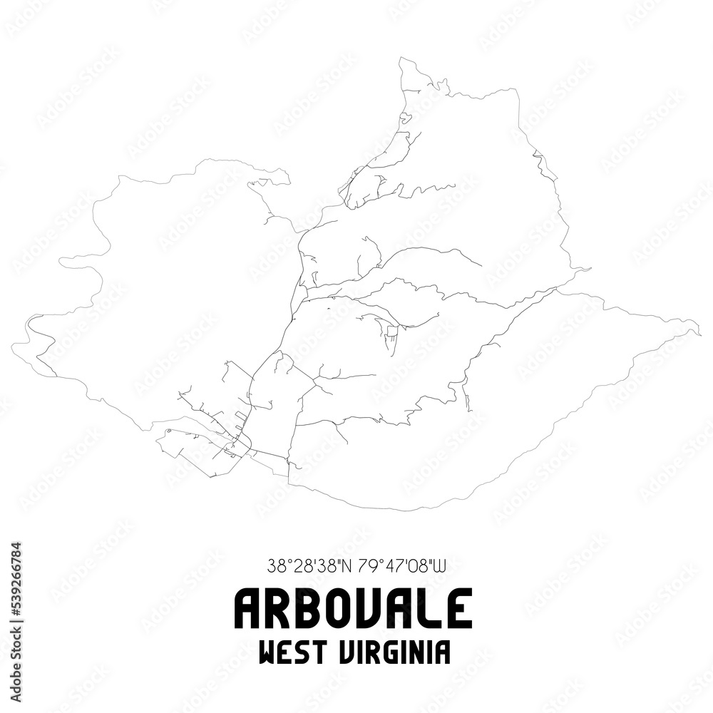 Arbovale West Virginia. US street map with black and white lines.