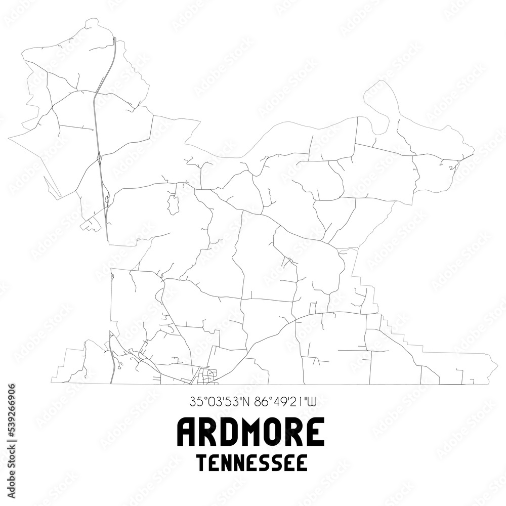 Ardmore Tennessee. US street map with black and white lines.