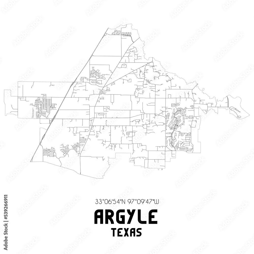 Argyle Texas. US street map with black and white lines.