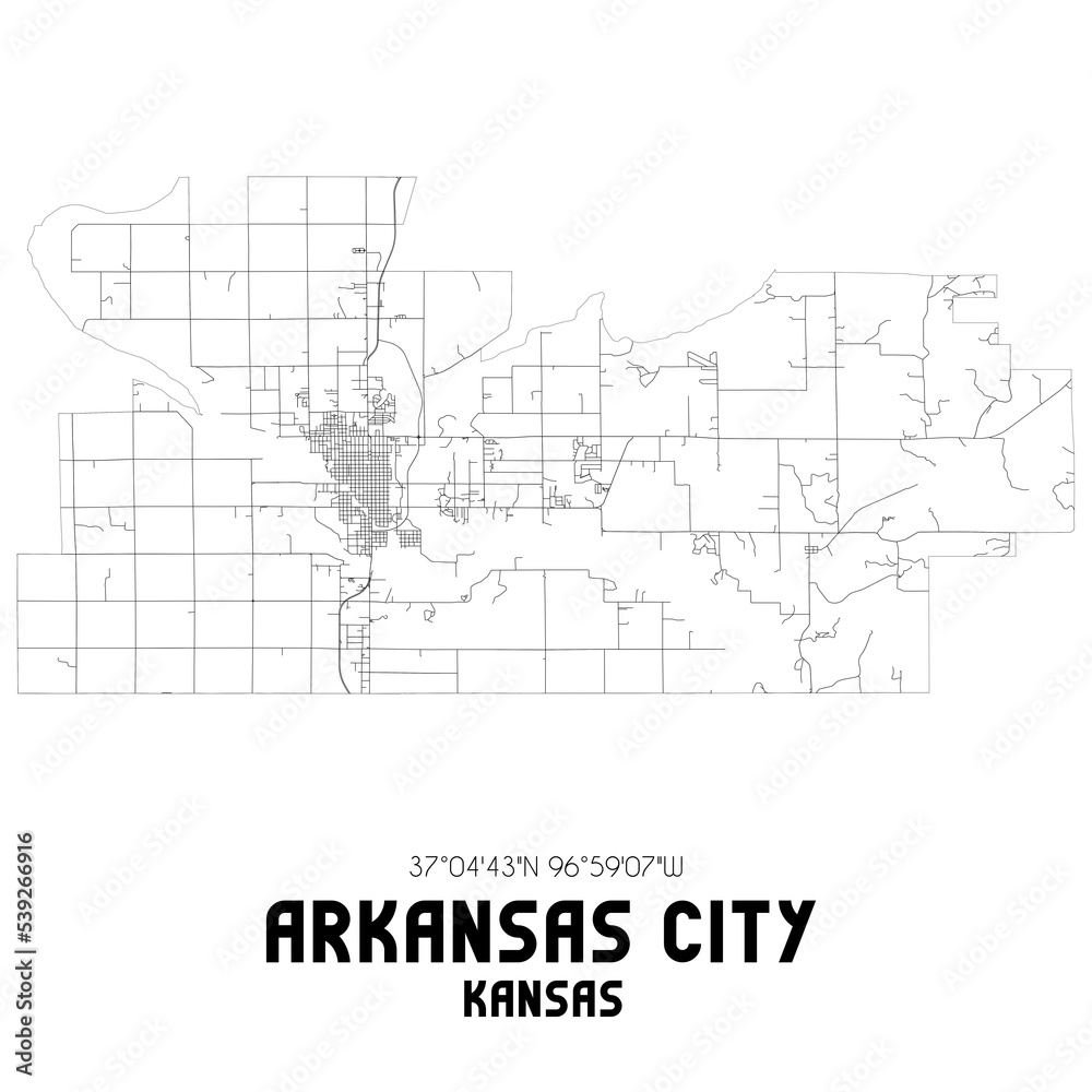 Arkansas City Kansas. US street map with black and white lines.