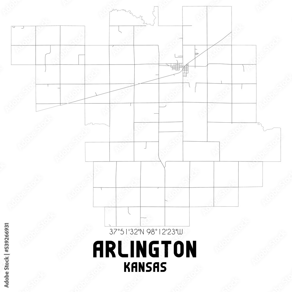 Arlington Kansas. US street map with black and white lines.