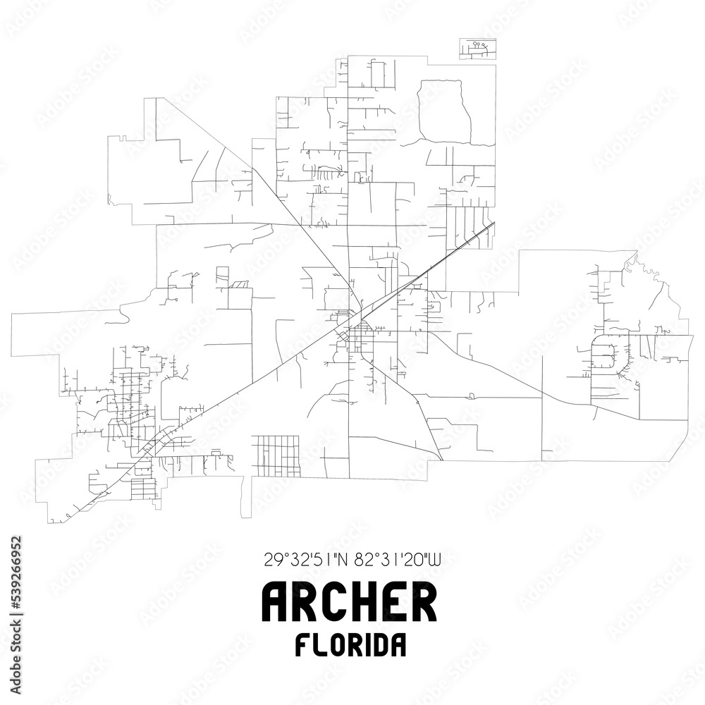 Archer Florida. US street map with black and white lines. Archer Florida. US street map with black and white lines.