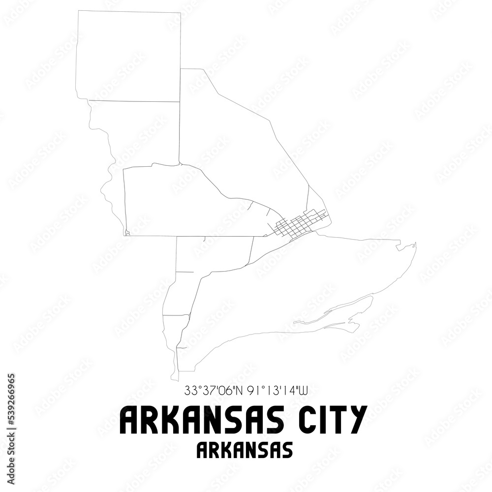 Arkansas City Arkansas. US street map with black and white lines.