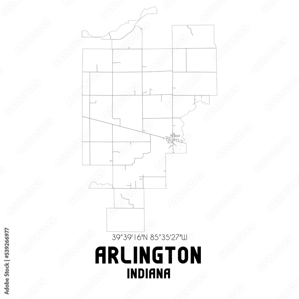 Arlington Indiana. US street map with black and white lines.