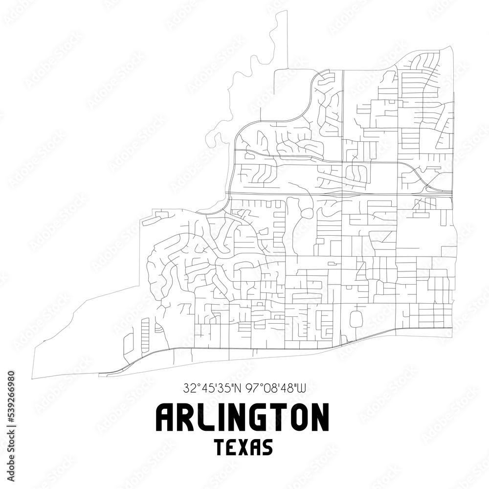 Arlington Texas. US street map with black and white lines.