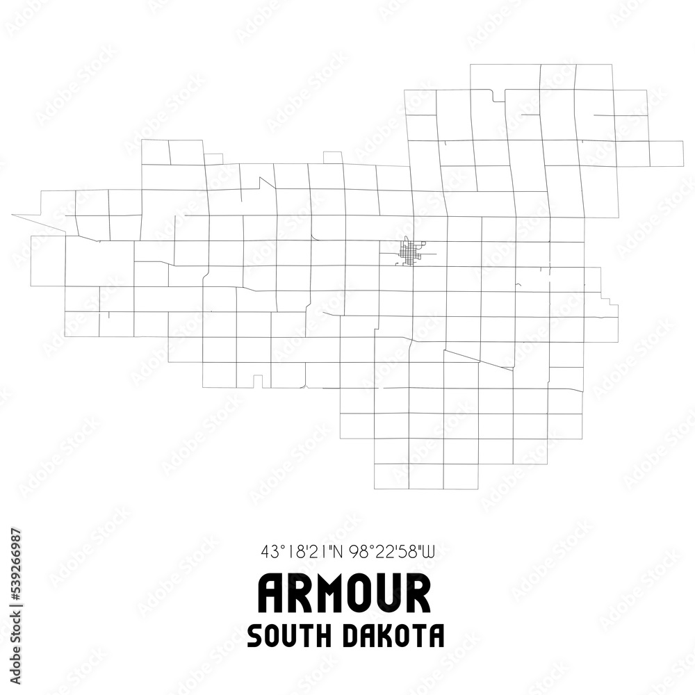 Armour South Dakota. US street map with black and white lines.