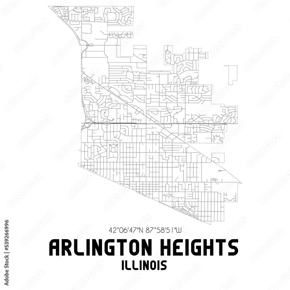 Arlington Heights Illinois. US street map with black and white lines.