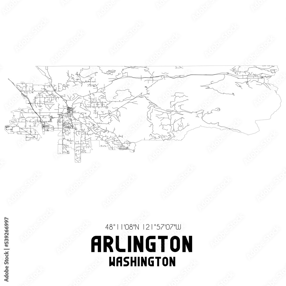 Arlington Washington. US street map with black and white lines.
