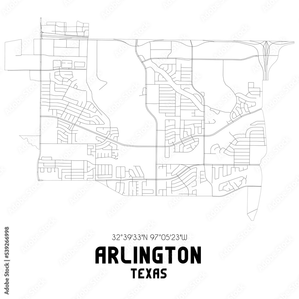 Arlington Texas. US street map with black and white lines.