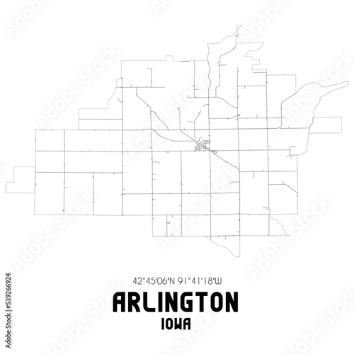 Arlington Iowa. US street map with black and white lines.