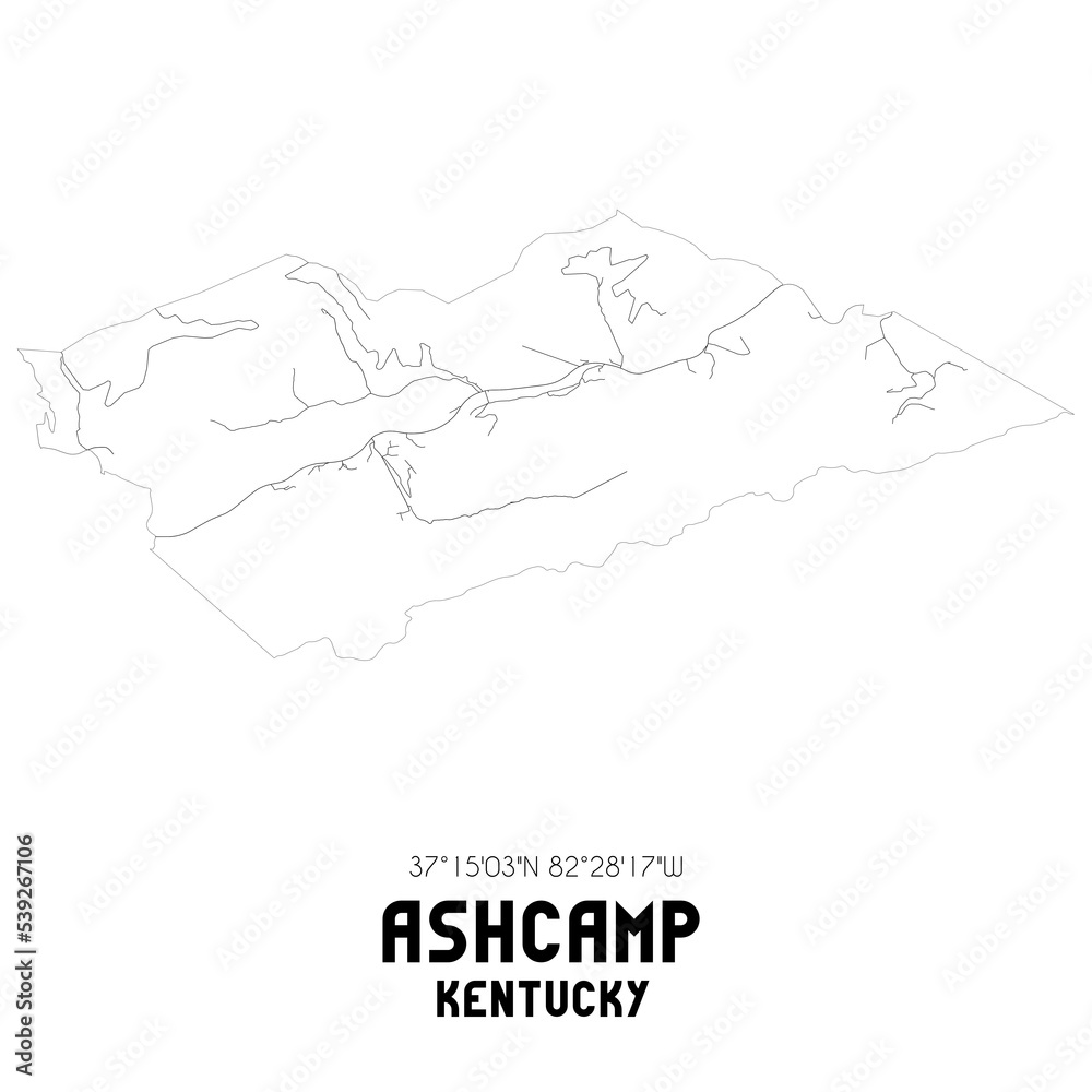Ashcamp Kentucky. US street map with black and white lines.