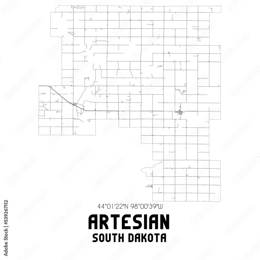 Artesian South Dakota. US street map with black and white lines.