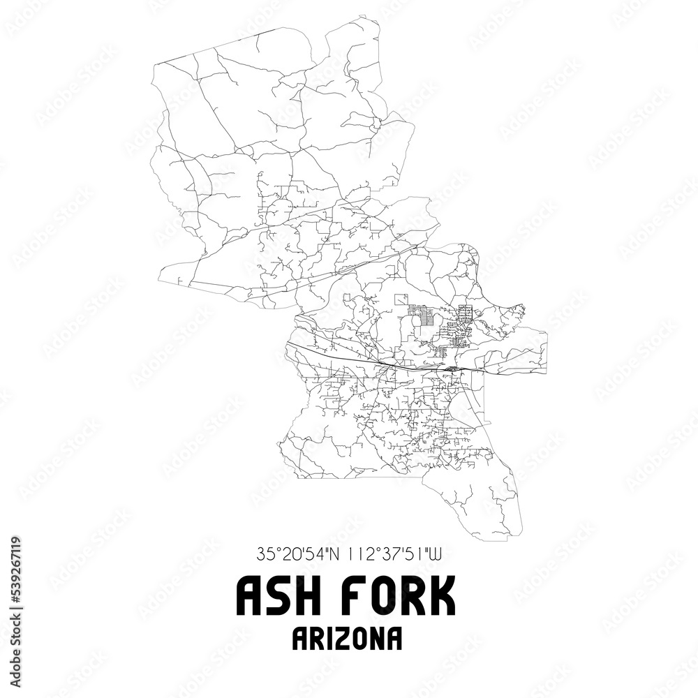 Ash Fork Arizona. US street map with black and white lines.