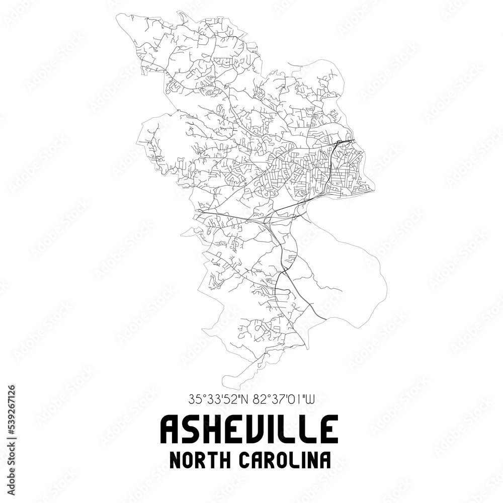 Asheville North Carolina. US street map with black and white lines.