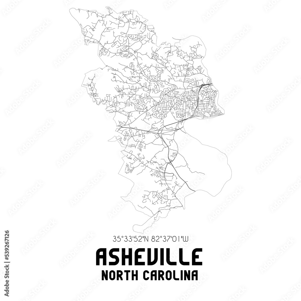 Asheville North Carolina. US street map with black and white lines