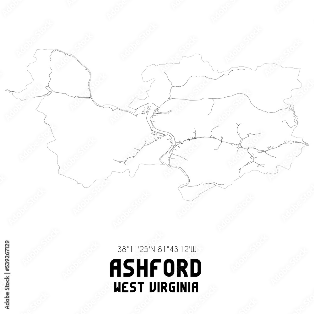 Ashford West Virginia. US street map with black and white lines.