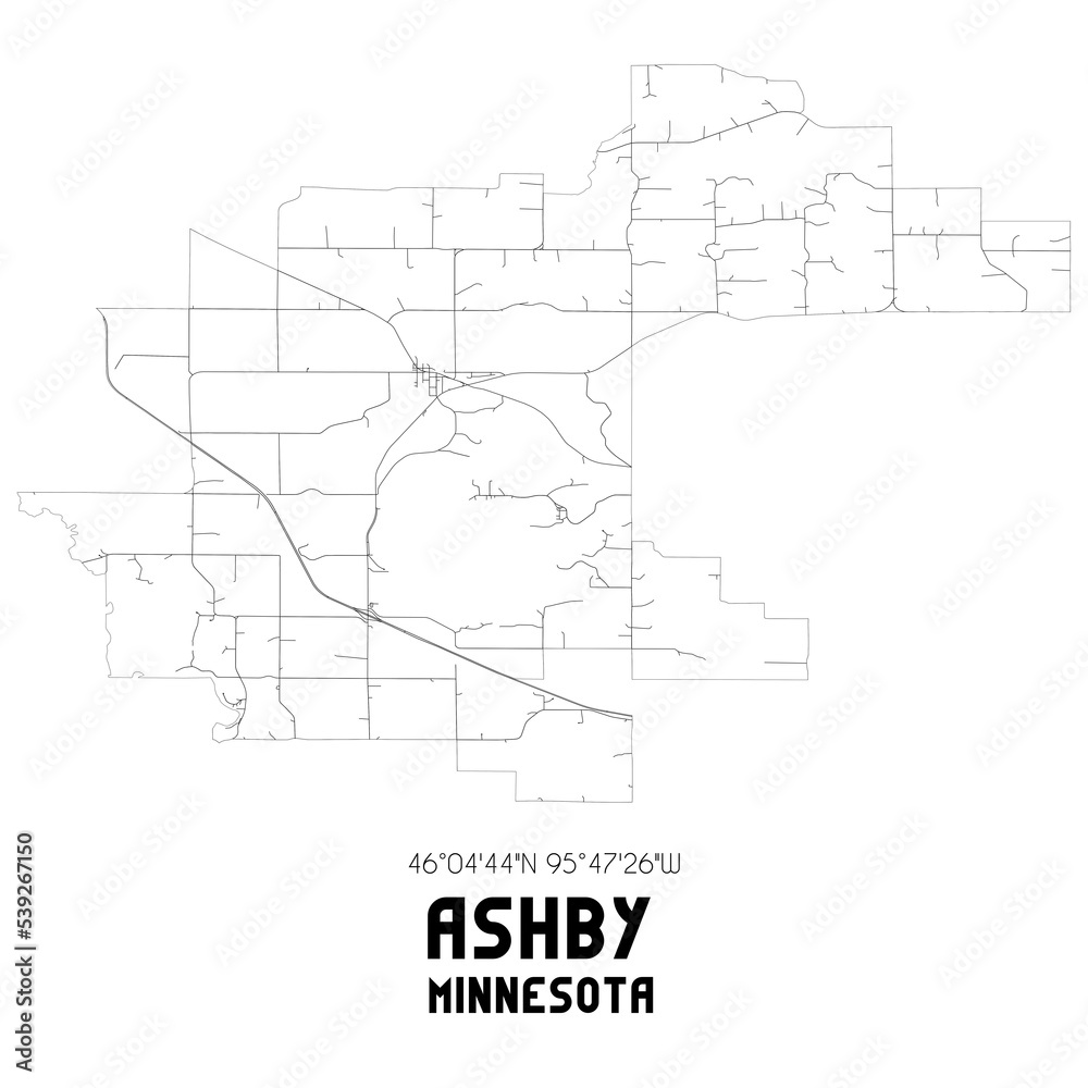 Ashby Minnesota. US street map with black and white lines.