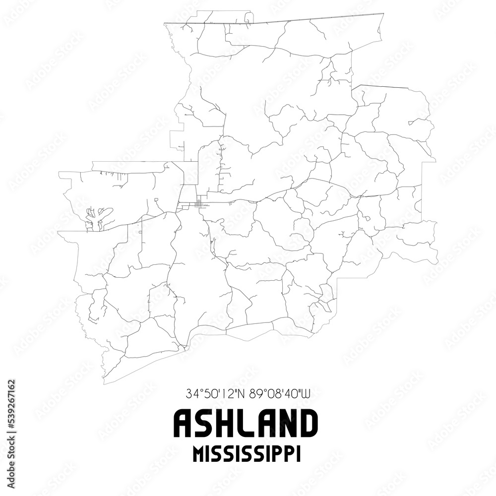 Ashland Mississippi. US street map with black and white lines.