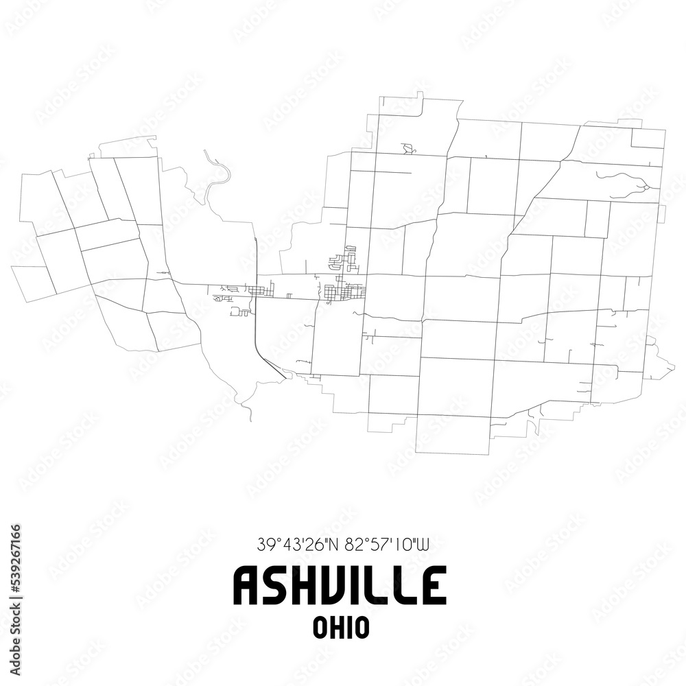 Ashville Ohio. US street map with black and white lines.