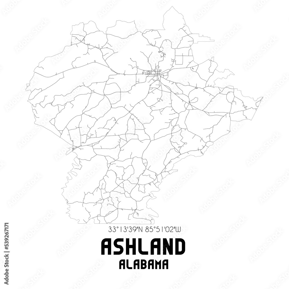 Ashland Alabama. US street map with black and white lines.