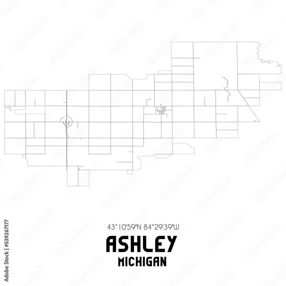 Ashley Michigan. US street map with black and white lines.