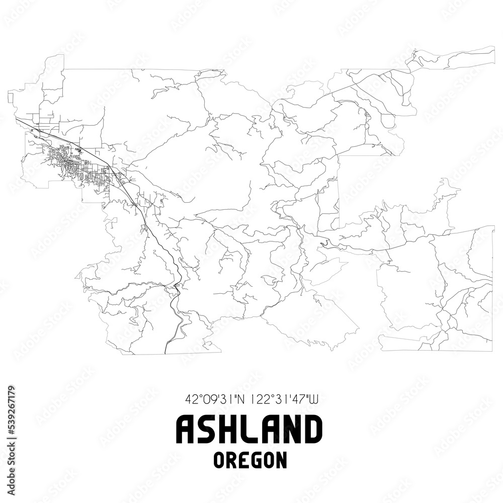 Ashland Oregon. US street map with black and white lines. Stock