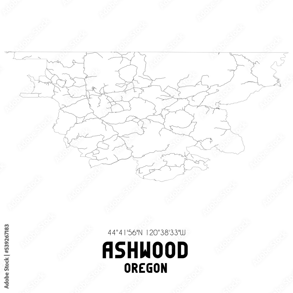 Ashwood Oregon. US street map with black and white lines.