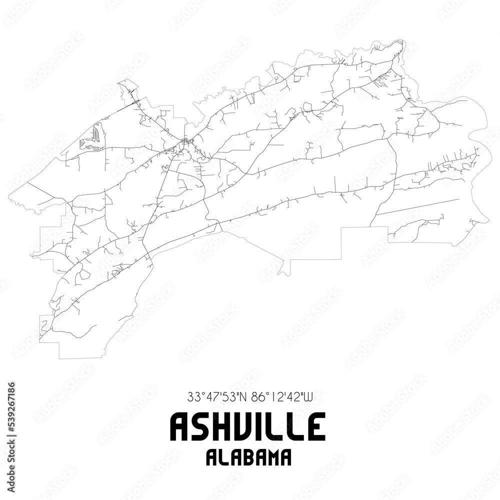 Ashville Alabama. US street map with black and white lines.