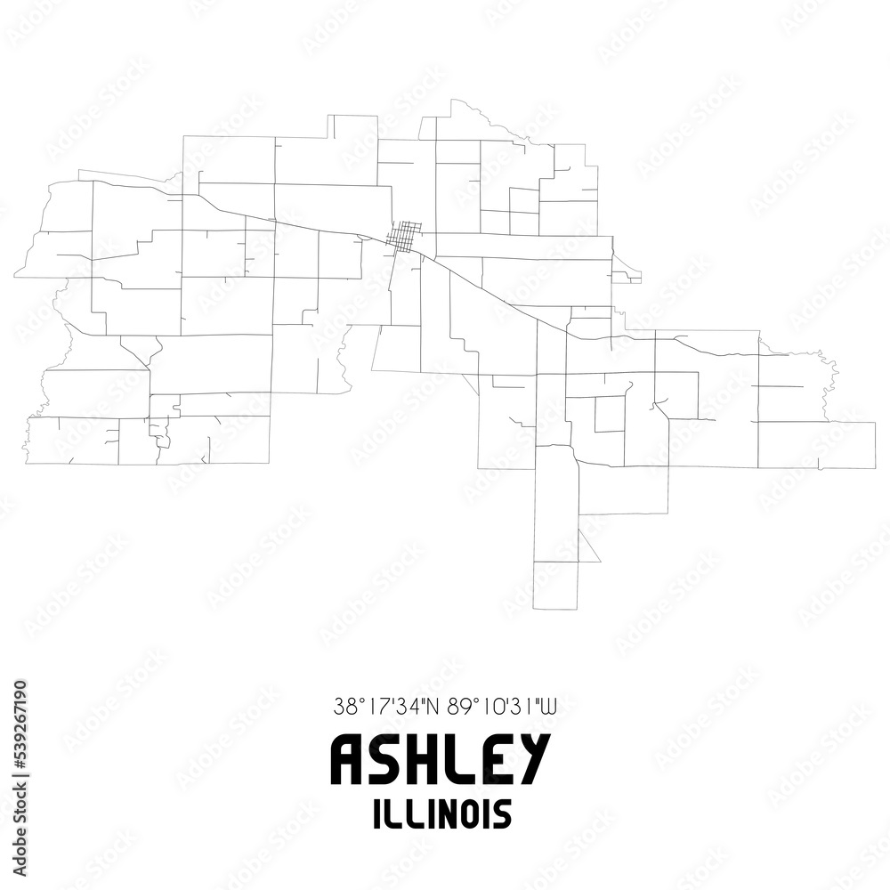 Ashley Illinois. US street map with black and white lines.