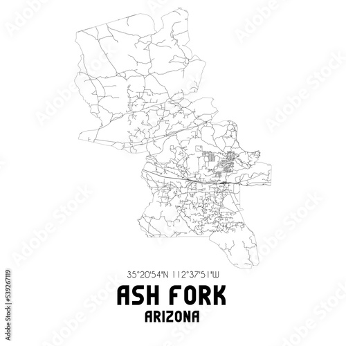 Ash Fork Arizona. US street map with black and white lines.
