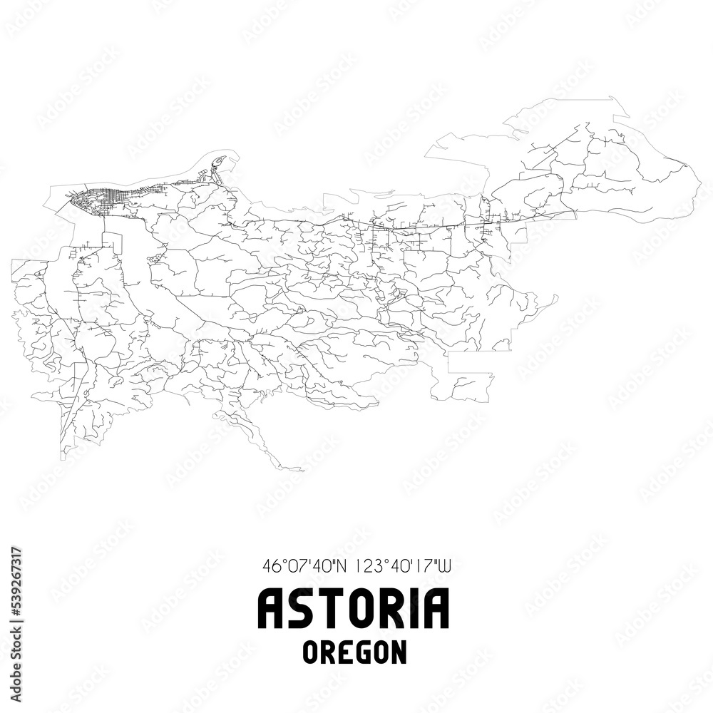 Astoria Oregon. US street map with black and white lines.
