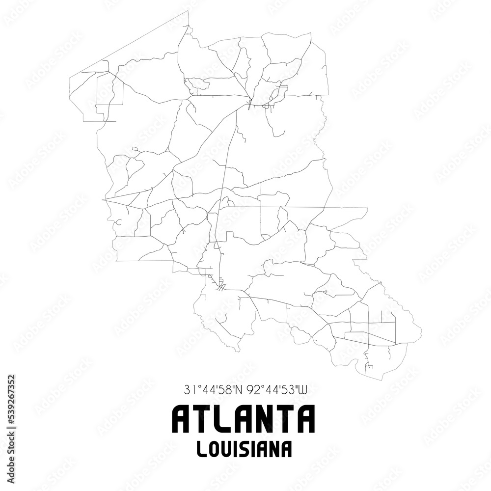 Atlanta Louisiana. US street map with black and white lines.