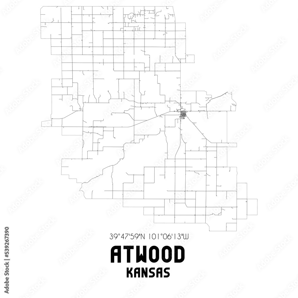 Atwood Kansas. US street map with black and white lines.