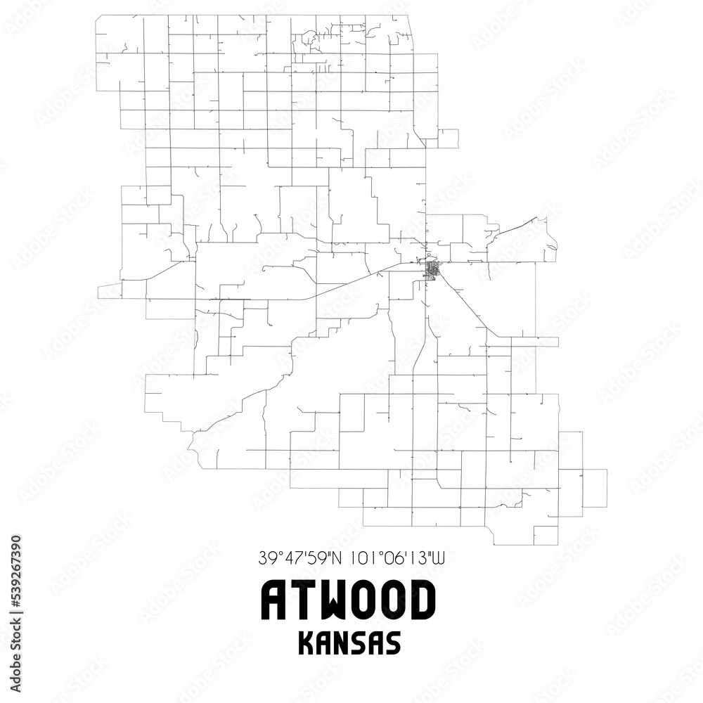 Obraz premium Atwood Kansas. US street map with black and white lines.
