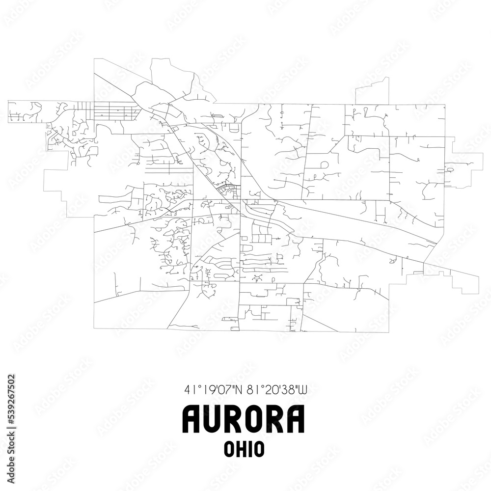 Aurora Ohio. US street map with black and white lines.