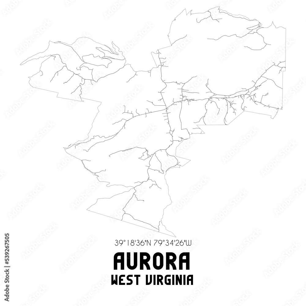 Aurora West Virginia. US street map with black and white lines.